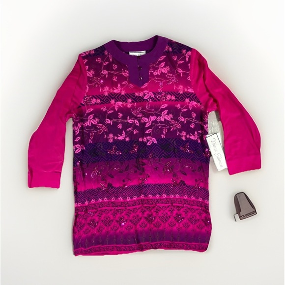 Diane Gilman Tops - Diane Gilman Tunic‎ Top Womens Medium Pink Purple Floral Silk Sequin Henley NEW
